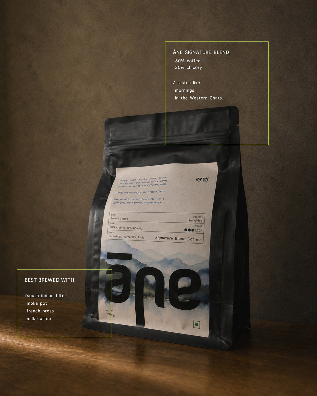A 250g bag of Āne Signature Blend, 80% coffee and 20% chicory